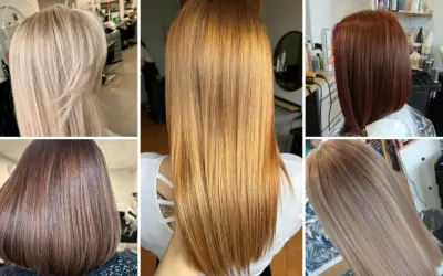 Kolaż prezentuje modne fryzury młodzieżowe damskie: blond, rudy, brązowy i rudy bob.