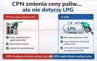 CPN zmienia ceny paliw, ale nie dotyczy LPG. Paliwa objęte pakietem CPN mają regulowane ceny, LPG działa według rynku.