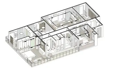 Plan architecte isométrique d'un appartement moderne avec chambre, salon, cuisine, salle de bain et bureau.