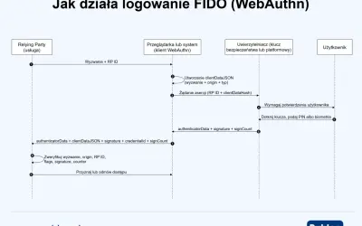 Diagram przepływu logowania FIDO (WebAuthn). Aplikacja uwierzytelniająca komunikuje się z przeglądarką i usługą, aby bezpiecznie uwierzytelnić użytkownika.