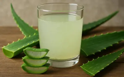 Ein Glas Aloe Vera Trinkgel mit frischen Aloe Vera Blättern. Die Wirkung von Aloe Vera Trinkgel ist bekannt für seine gesundheitlichen Vorteile.