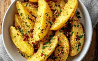 Chrupiące ziemniaki z grilla, posypane parmezanem, natką pietruszki i płatkami chili. Idealna przekąska na letnie wieczory.