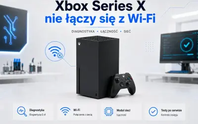 Konsola Xbox Series X z kontrolerem, symbol Wi-Fi z przekreśleniem.