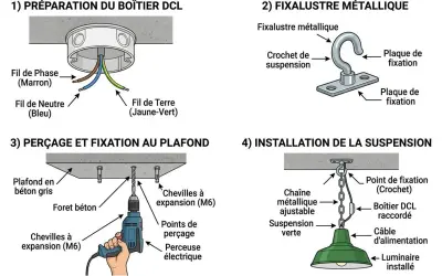 Schéma illustrant comment fixer un plafonnier au plafond avec boîtier DCL, incluant la préparation du boîtier, la fixation du crochet, le perçage et l'installation finale.