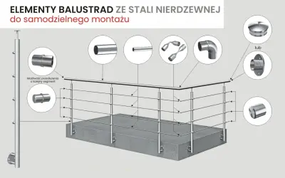 Elementy balustrad ze stali nierdzewnej do samodzielnego montażu, pokazujące różne akcesoria, takie jak złączki, kolanka i zakończenia, z zaznaczoną średnicą zewnętrzną elementów.