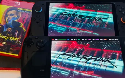 Caja de Cyberpunk 2077 Ultimate Edition para Switch junto a una Steam Deck y una consola portátil mostrando el juego. ¡Ideal para comparar los requisitos!