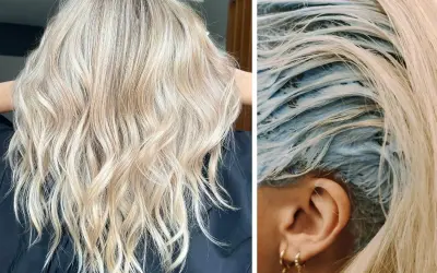 Piękne blond włosy po zabiegu. Po lewej efekt, po prawej widać, co to jest toner do włosów – niebieska maska na pasmach.