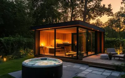 Nowoczesna budowa sauny z przeszklonymi ścianami, obok jacuzzi, w otoczeniu zieleni o zachodzie słońca.