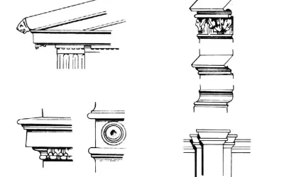 Rysunki detali architektonicznych: gzyms, kapitel z liśćmi, baza kolumny i fragment belkowania. Ilustracja porządki architektoniczne.