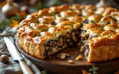Une tourte aux champignons dorée et appétissante, coupée en part, révèle une garniture généreuse. Un couteau est posé à côté.