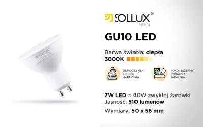 Żarówka LED GU10 7W 510lm 3000K, porównywalna do 40W tradycyjnej. Pokazuje różnicę między żarówkami halogenowymi a retrofitami LED.