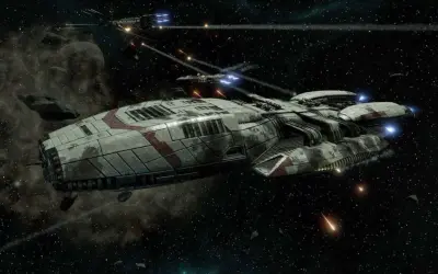 Bitwa kosmiczna w stylu Battlestar Galactica Deadlock. Statek zwiadowczy otoczony asteroidami, w tle widać inne jednostki i ślady walki.