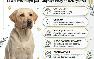 Labrador z objawami kaszlu kenelowego: suchy kaszel, kichanie, gorączka. Informacje o chorobie i profilaktyce.
