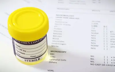 Pojemnik na mocz i wyniki badań laboratoryjnych, które mogą pomóc w ocenie, jakie badania na nerki są potrzebne.