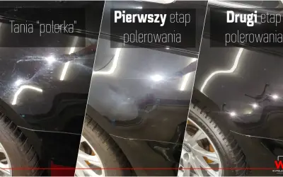 Porównanie efektów polerowania: tania polerka vs. profesjonalna korekta lakieru. Widać różnicę w głębi połysku i usunięciu rys.