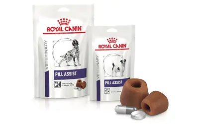 Dos paquetes de Royal Canin Pill Assist, uno para perros medianos/grandes y otro para perros pequeños, con golosinas para ocultar pastillas. ¡Así es como darle una pastilla a un perro!