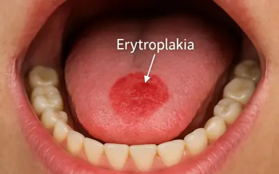 Czerwone plamy na języku, jedna z nich oznaczona jako erytroplakia, widoczna w jamie ustnej z zębami.