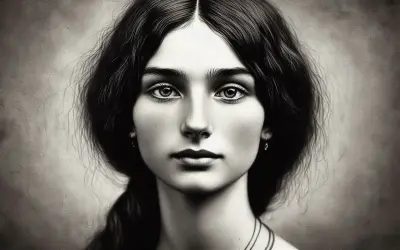 Portret młodej kobiety o ciemnych włosach i przenikliwym spojrzeniu. To siostra Rodiona, której oczy zdają się skrywać tajemnicę.