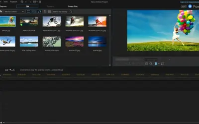 Interfejs programu PowerDirector z widokiem biblioteki multimediów i podglądem wideo. Użytkownik przygotowuje projekt, wybierając klipy.
