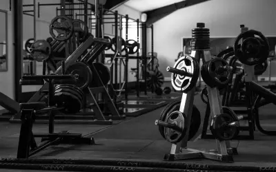 Máquinas de gimnasio con pesas y barras en un gimnasio.