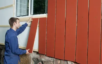 Man monterar en röd träpanel på en fasad. En dropplist syns under fönstret.