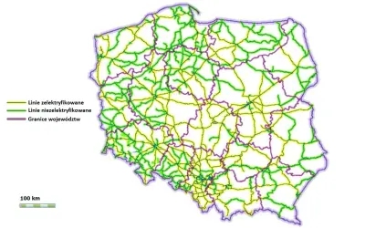 Mapa Polski z zaznaczonymi liniami kolejowymi: żółte to linie zelektryfikowane, zielone niezelektryfikowane. Fioletowe linie to granice województw. Postępująca elektryfikacja kolei w Polsce.