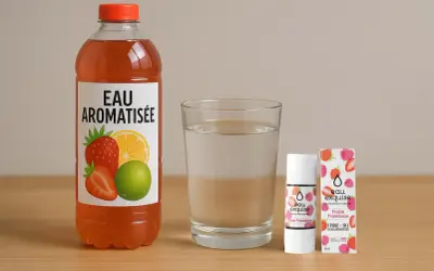 Bottiglia di acqua aromatizzata alla fragola e limone, un bicchiere d'acqua e una fiala di aroma.