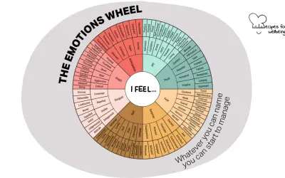 Rueda de las emociones para imprimir, con categorías como alegría, miedo, tristeza y sorpresa.