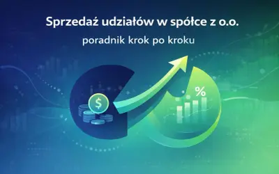 Sprzedaż udziałów w spółce z o.o. - poradnik krok po kroku. Grafika przedstawia rosnący wykres i stos monet z symbolem dolara.