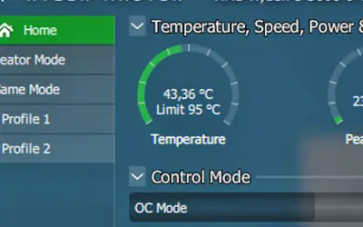 Ryzen Master pokazuje, ile stopni powinien mieć procesor. Aktualna temperatura to 43,36°C, limit 95°C.