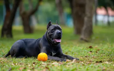 Potężny cane corso leży na trawie obok pomarańczowej piłki, gotowy do zabawy w parku.