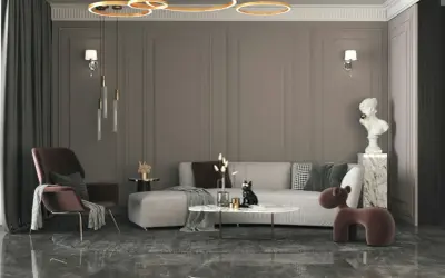 Nowoczesny salon z sofą, fotelem i stolikiem kawowym. Mieszanka stylów: klasyczne panele ścienne, nowoczesne oświetlenie i designerskie meble.