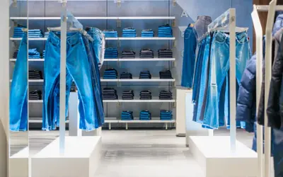 Sklep z jeansami G-Star RAW. Wieszaki uginają się pod ciężarem niebieskich spodni, na półkach poukładane są kolejne pary.