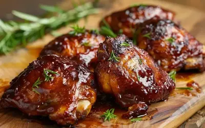 Saftiga, glaserade kycklingdelar med rosmarin på en träskärbräda. En härlig sticky chicken som ser otroligt god ut.