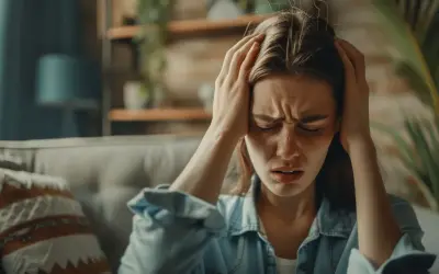 Kobieta z rękami na skroniach, cierpiąca z powodu bólu głowy, który może być jednym z objawów zespołu serotoninowego.