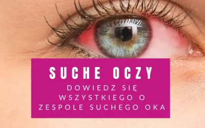 Czerwone, podrażnione oko. Tekst informuje o objawach zespołu suchego oka.