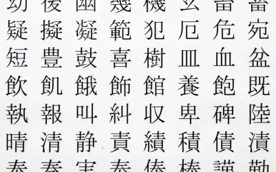 Wiele rzędów pięknych, czarnych **kanji** na białym tle.