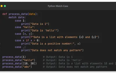 Kod Pythona demonstrujący `python switch` (match-case) do przetwarzania danych, z przykładami dla liczb, stringów i list.