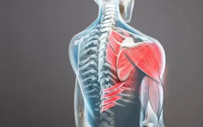 Vue anatomique du dos humain, mettant en évidence le muscle trapèze supérieur rouge vif et les muscles environnants.