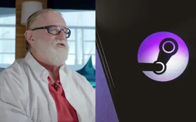 Gaben, twórca Steam, w białej koszuli i czerwonej koszulce, obok logo Steam.