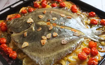 Rodaballo al horno con tomates cherry y láminas de ajo, servido sobre una cama de cebolla caramelizada en una bandeja de horno.
