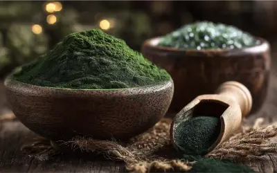 Grünes Pulver in Holzschalen und Löffel. Das ist Spirulina, ein nährstoffreiches Superfood.