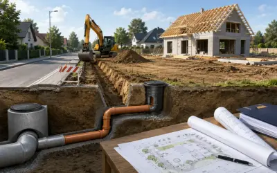 Budowa domu, wykop pod instalacje wodne, koparka, plany i dokumenty.