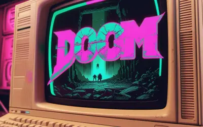 Stare gry komputerowe na ekranie starego monitora. Neonowy napis "DOOM" i sylwetki postaci w mrocznym krajobrazie.