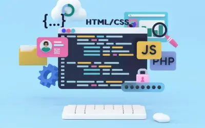 Kreatywny frontend: kod HTML/CSS, JS, PHP, chmura, lupa, klawiatura i myszka symbolizują tworzenie stron internetowych.