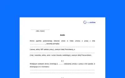 Aneks do umowy o pracę, który stanowi porozumienie zmieniające warunki pracy i płacy. Dokument zawiera dane pracodawcy i pracownika.