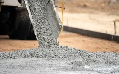 Betoniarka wylewa świeży beton na plac budowy.