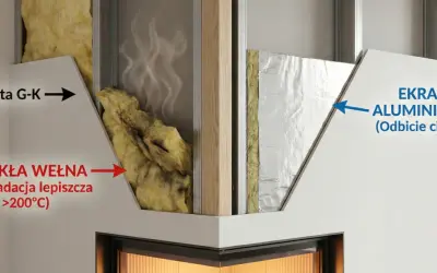 Przekrój ściany przy kominku: płyta G-K, wełna mineralna i ekran aluminiowy odbijający ciepło.