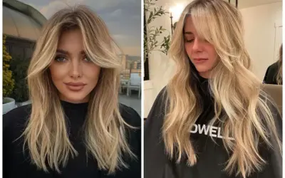 Dwie kobiety z blond włosami i stylowymi curtain bangs, które podkreślają ich rysy twarzy.