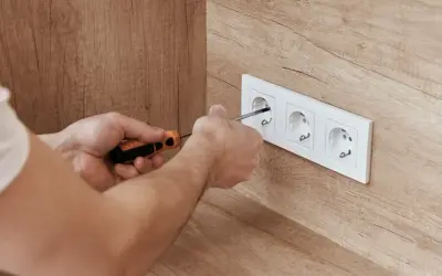 Ręce przykręcają gniazdko elektryczne. Dbałość o prawidłowe podłączenie zapewni bezpieczny **napięcie skuteczne**.